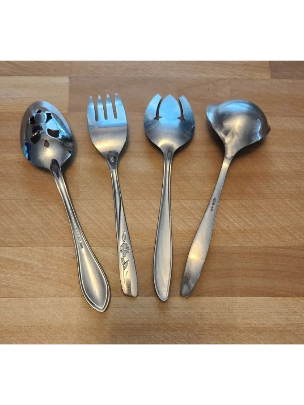 Set of 4 Mismatched Stainless Steel Serving Utensils Slotted Spoon, Forks, Ladle